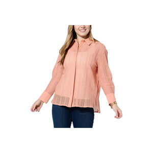 WynneCollection Woven Crochet Button-Down Shirt Coral - Regular